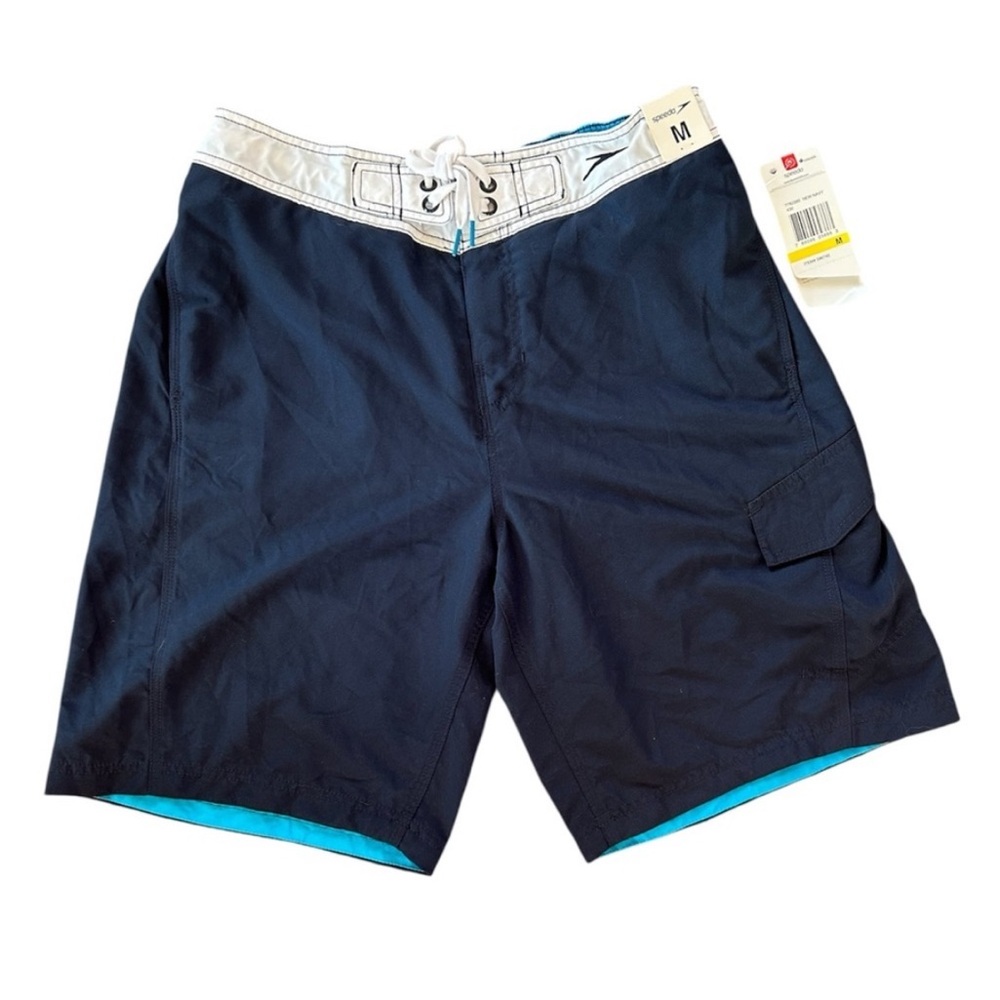 NWT Speedo | Men's Navy Swim Trunks Turquoise/White Drawstring Waistband Size M